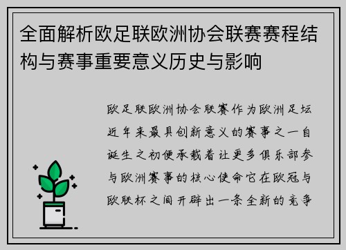 全面解析欧足联欧洲协会联赛赛程结构与赛事重要意义历史与影响 全面解析欧足联欧洲协会联赛赛程结构与赛事重要意义历史与影响